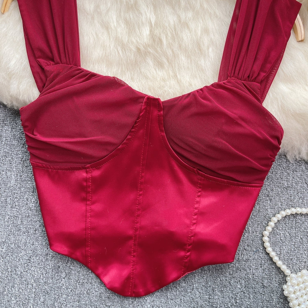 Mesh Patchwork Saten Dolgulu Askılı Bluz