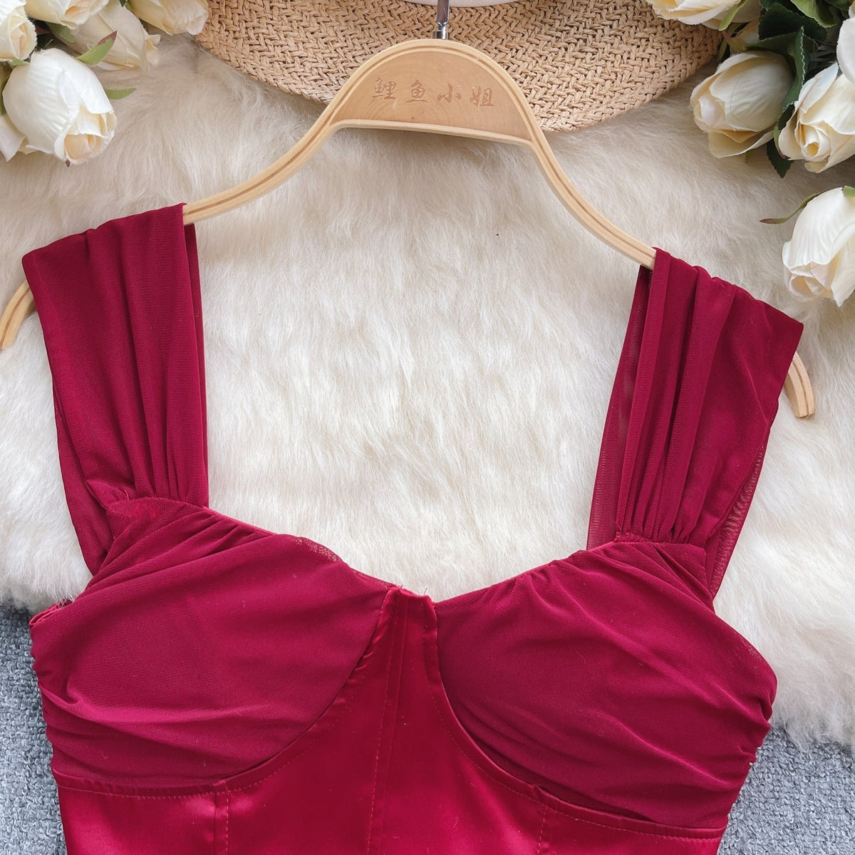 Mesh Patchwork Saten Dolgulu Askılı Bluz