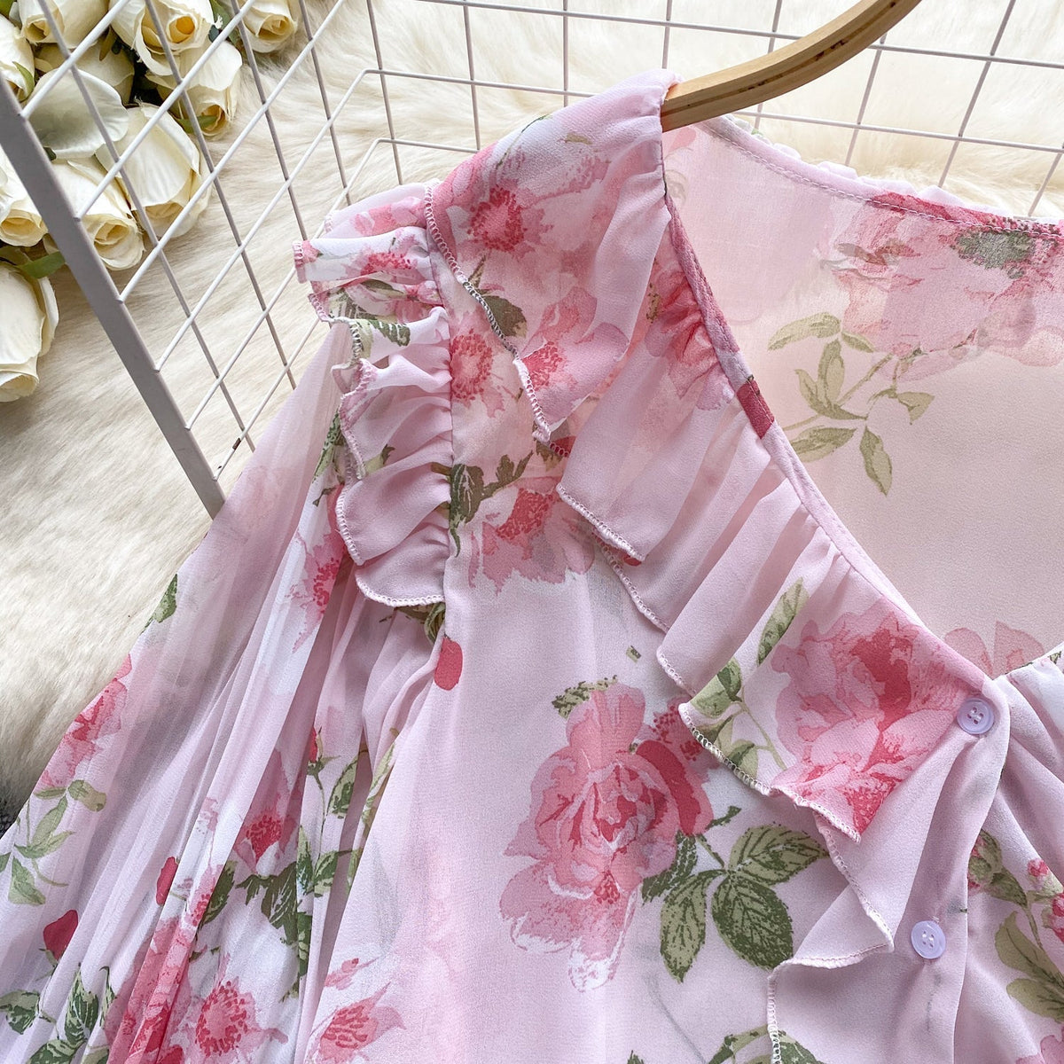 Tatlı Ruffled Şifon Çiçekli Bluz
