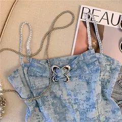 Katmanlı Fiyonk Denim Mavi Askılı Bluz