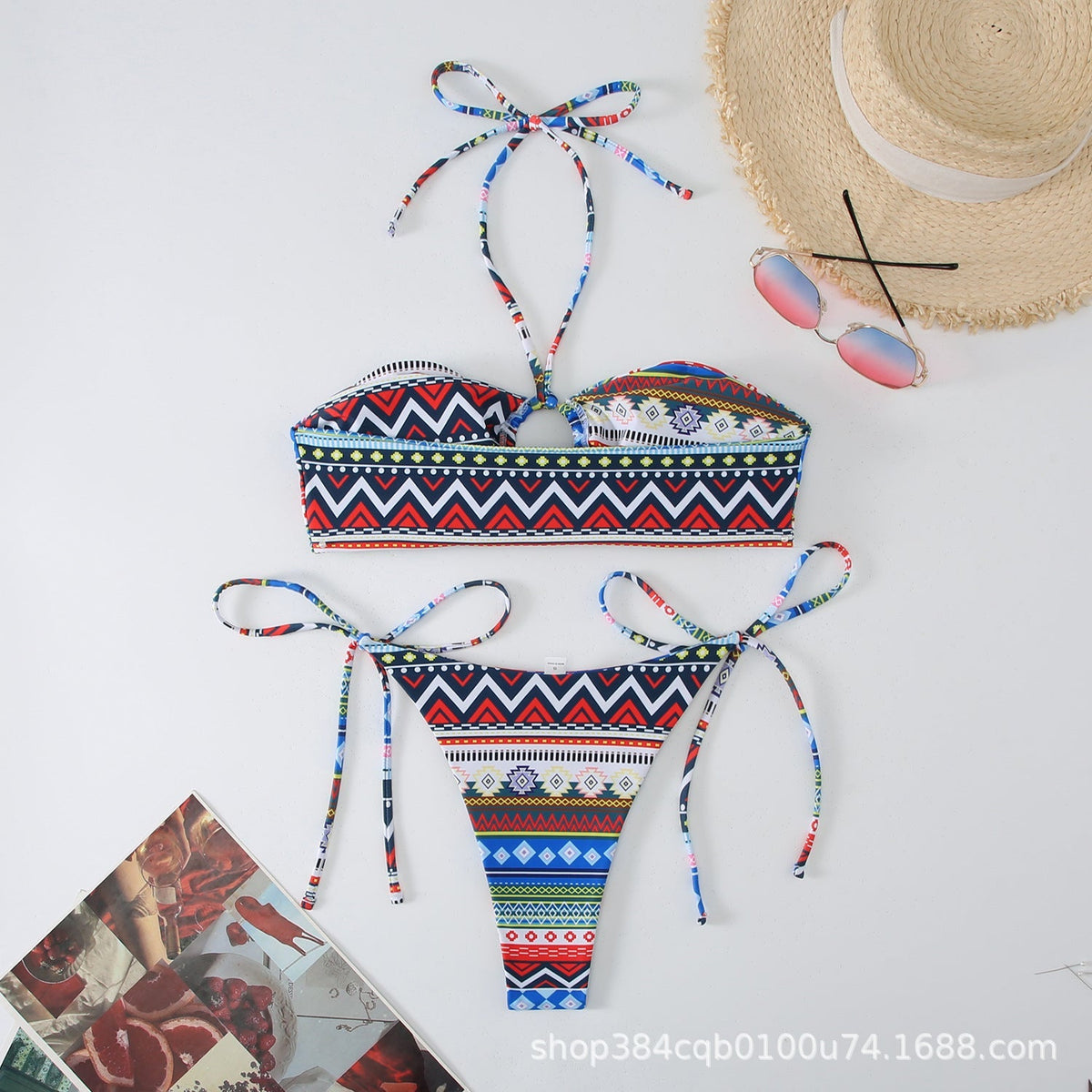 Baskılı Antik Stil Askılı Asılı Boyun Bikini