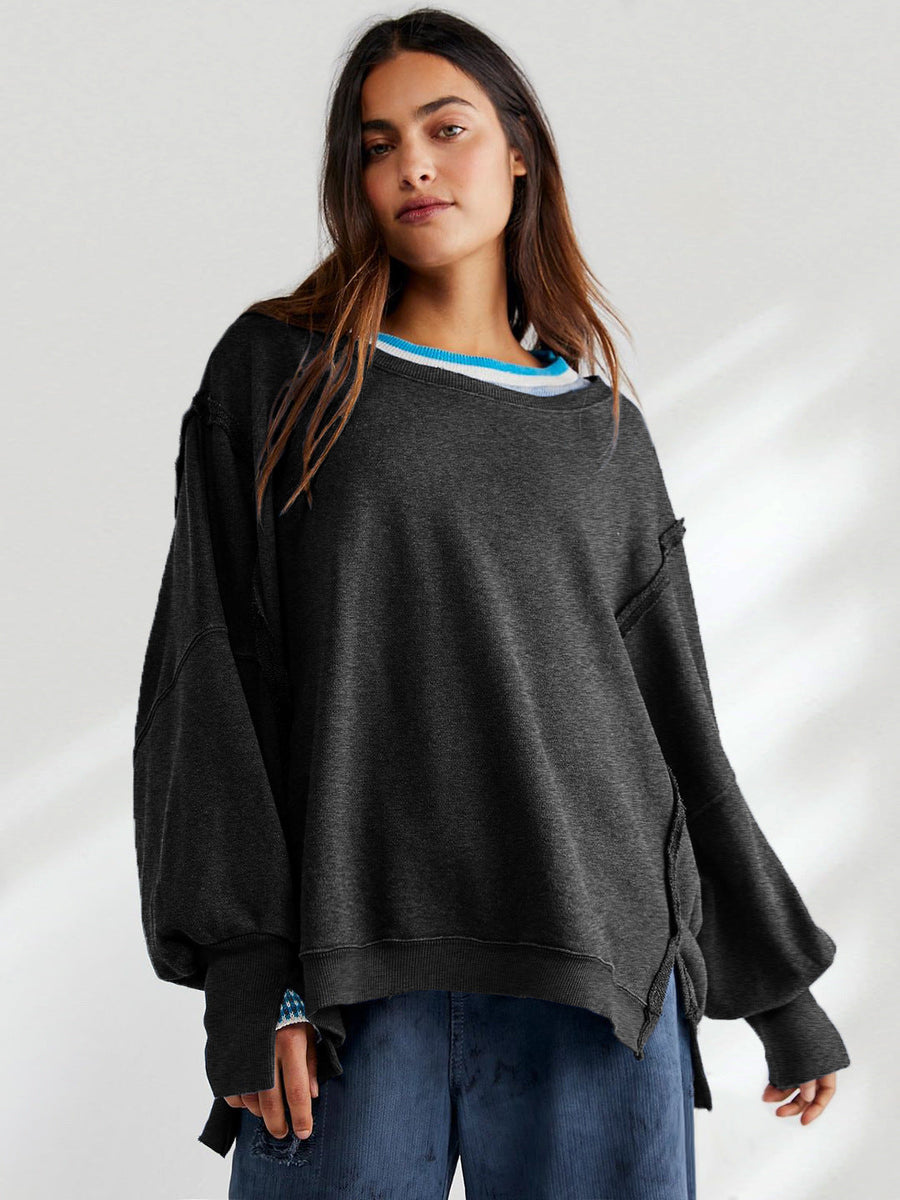 Yuvarlak Yaka Bol Kesim Yıpranmış Sweatshirt