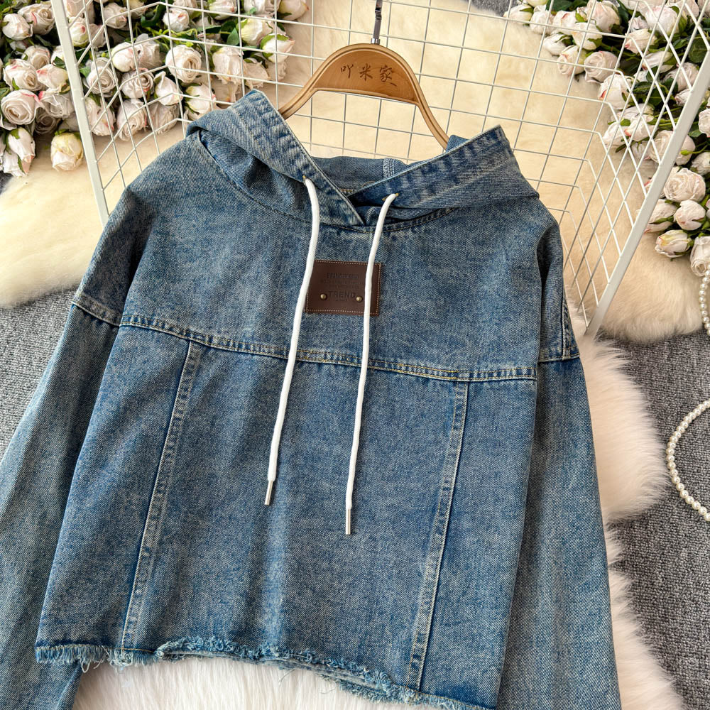 Şık Yıpranmış Denim Kapüşonlu Sweatshirt