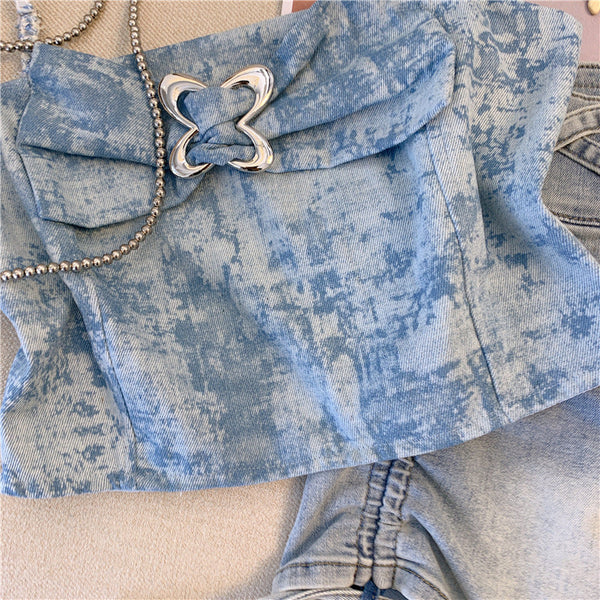 Katmanlı Fiyonk Denim Mavi Askılı Bluz