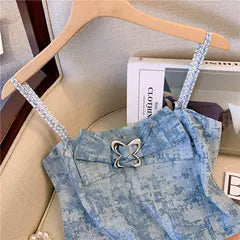 Katmanlı Fiyonk Denim Mavi Askılı Bluz