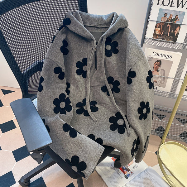 Siyah Çiçekli Gri Lambswool Kapüşonlu Sweatshirt