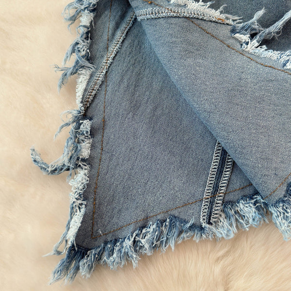 Düzensiz Tasarım Kabarık Denim Sıfır Yaka Bluz