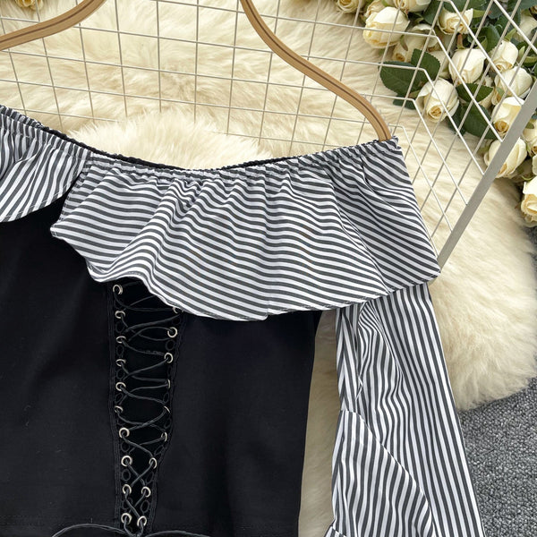 Omuz Açık Çizgili Patchwork Üst