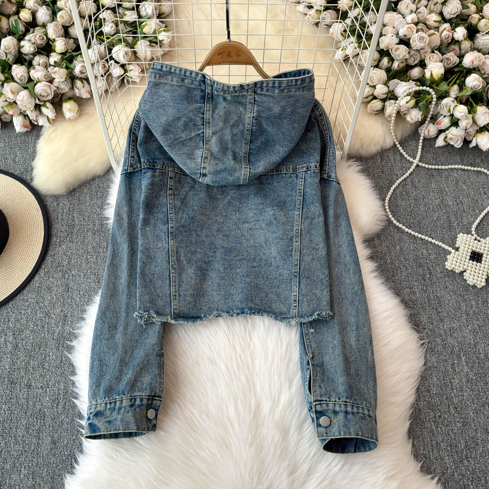 Şık Yıpranmış Denim Kapüşonlu Sweatshirt