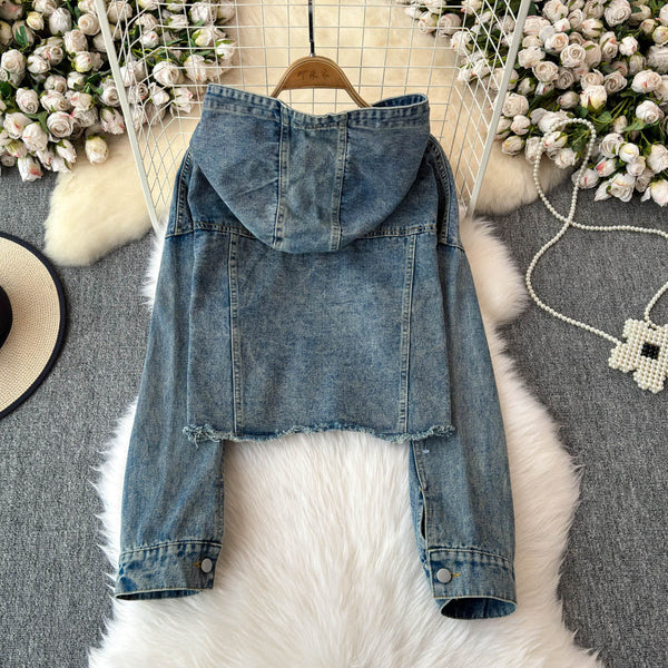 Şık Yıpranmış Denim Kapüşonlu Sweatshirt