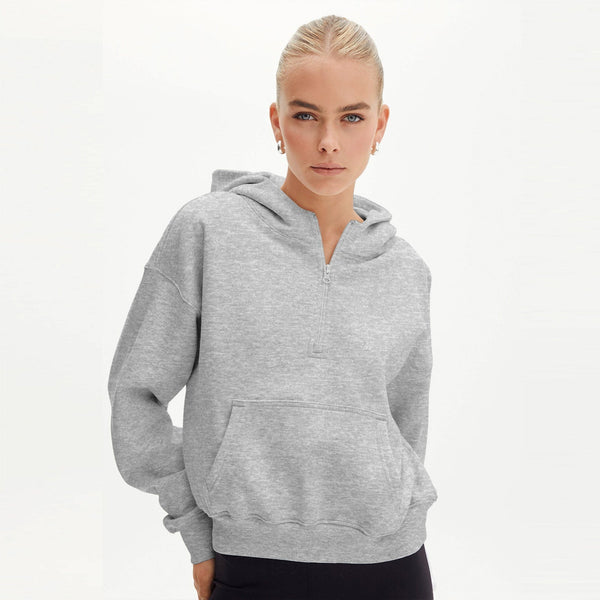 Moda Yarım Fermuarlı Kapüşonlu Sweatshirt