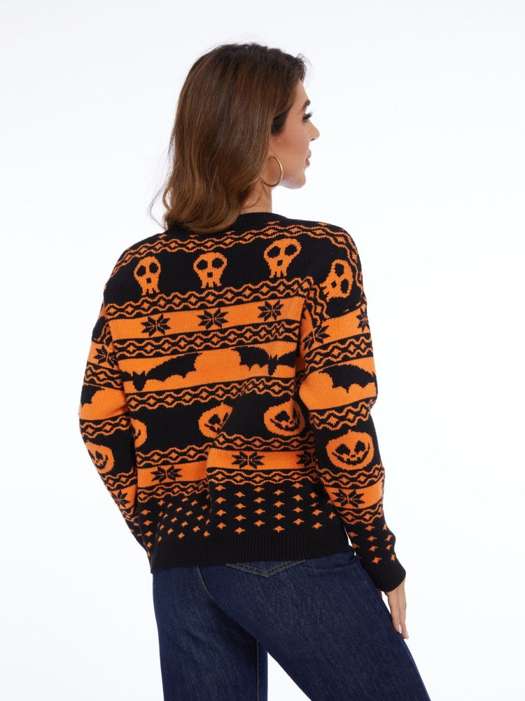 Halloween Balkabağı Desenli Yuvarlak Yaka Triko Kazak