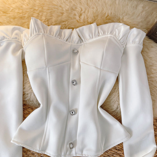 Niş Off-shoulder Rhinestone Düğmeli Üst