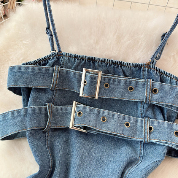 Düzensiz Tasarım Kabarık Denim Sıfır Yaka Bluz