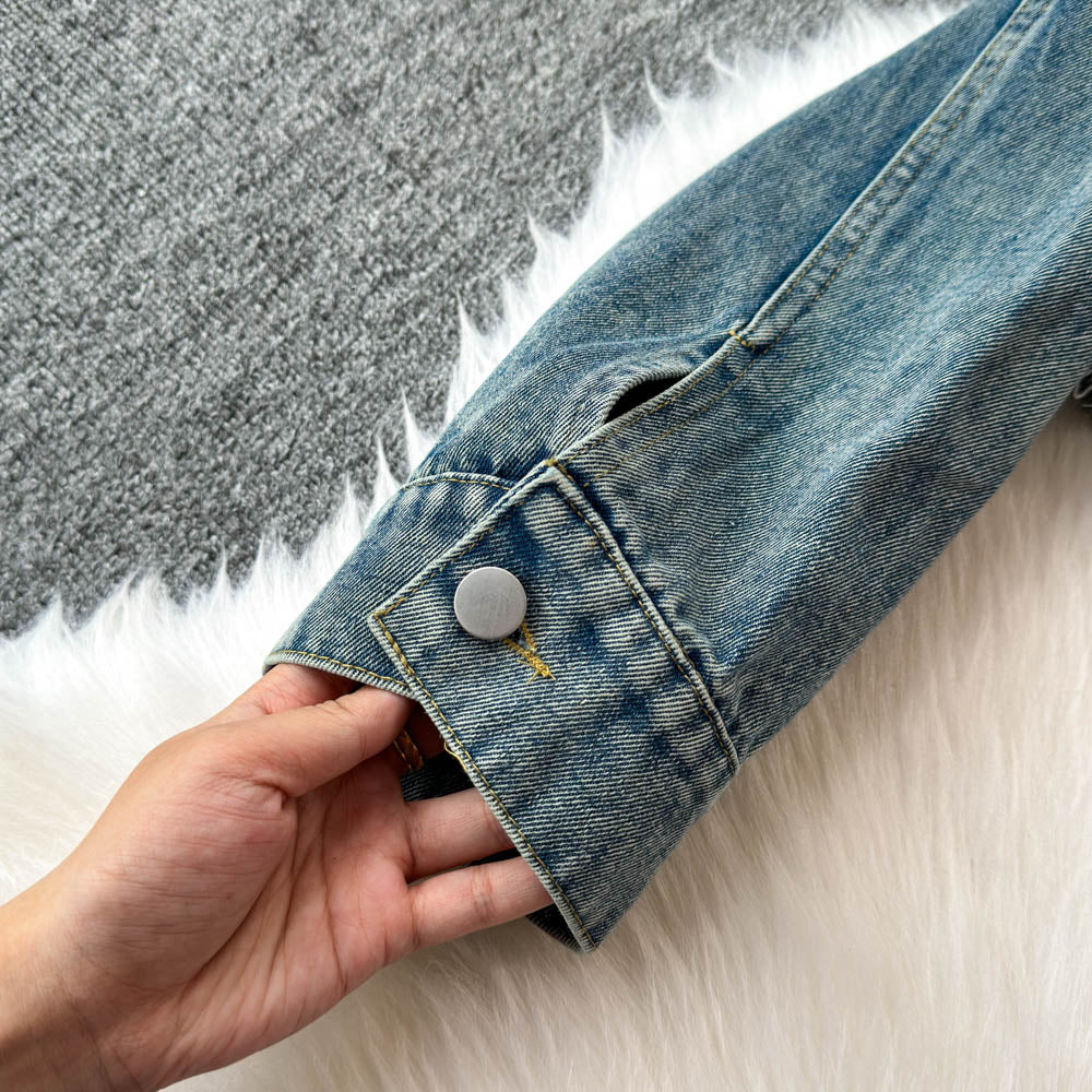 Şık Yıpranmış Denim Kapüşonlu Sweatshirt