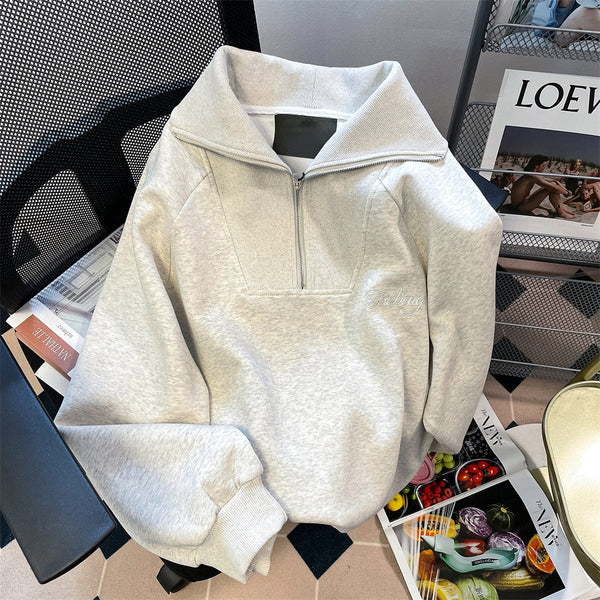 Fermuarlı Polo Yaka Bol Sweatshirt