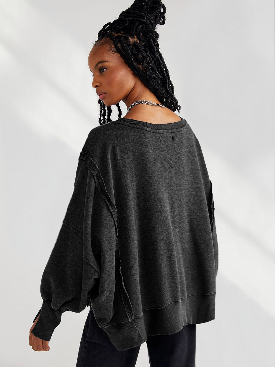 Yuvarlak Yaka Bol Kesim Yıpranmış Sweatshirt