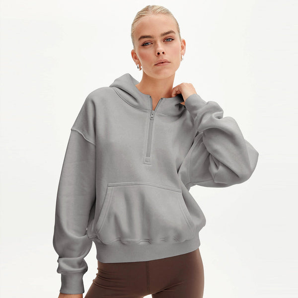 Moda Yarım Fermuarlı Kapüşonlu Sweatshirt