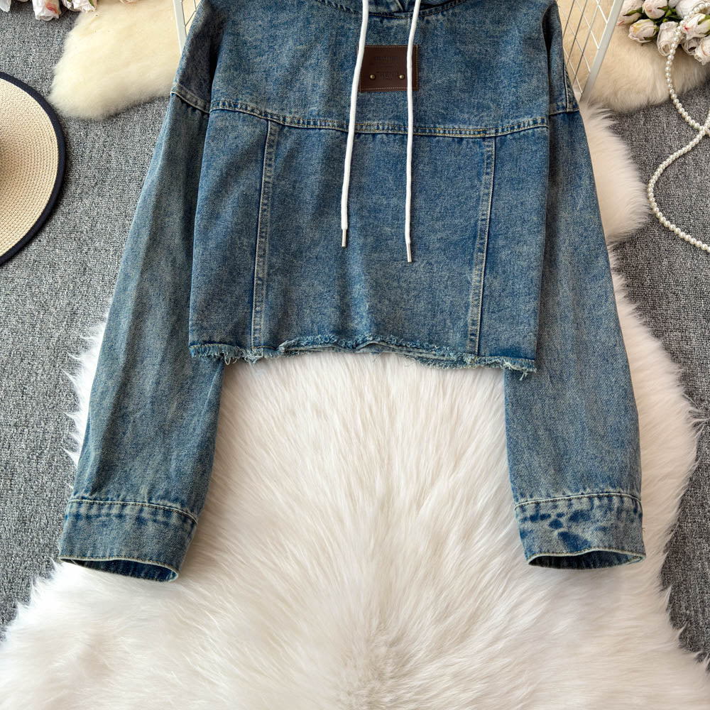 Şık Yıpranmış Denim Kapüşonlu Sweatshirt