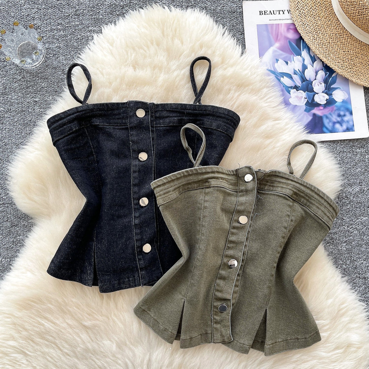 Kore Tarzı Niş Denim Askılı Tişört