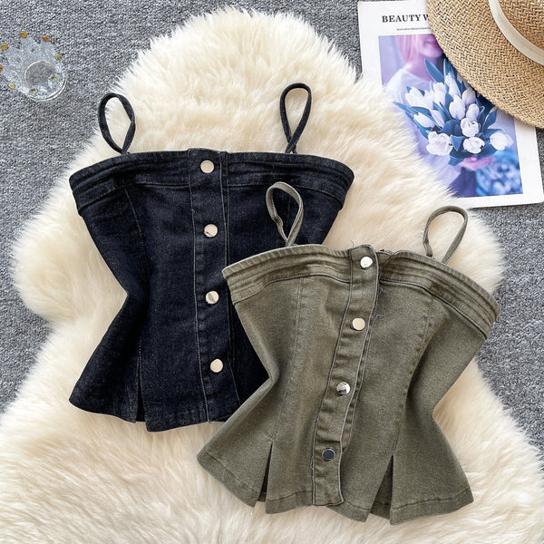 Kore Tarzı Niş Denim Askılı Tişört