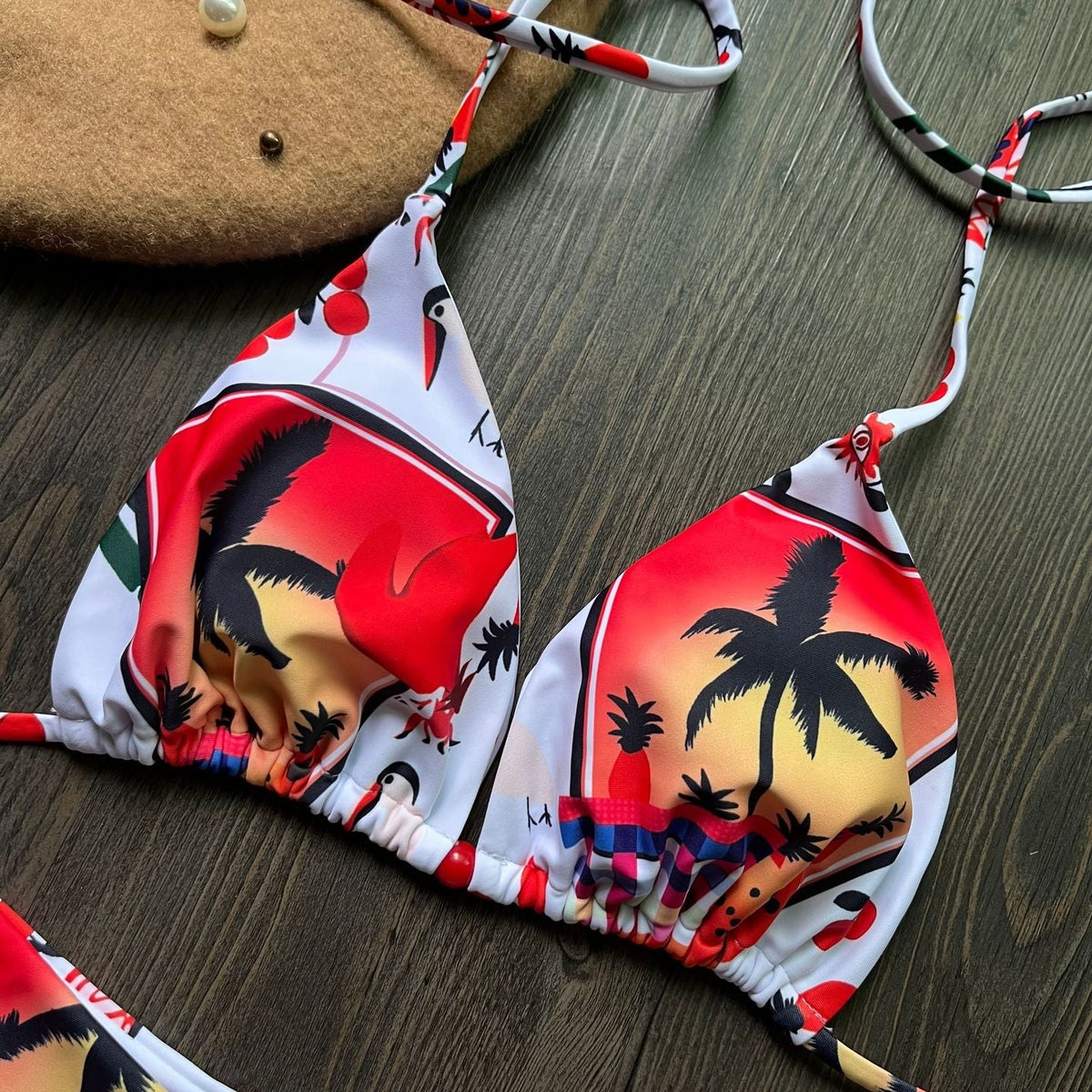 Baskılı Üçgen Bağlama İpli Üç Noktalı Bikini