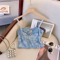 Katmanlı Fiyonk Denim Mavi Askılı Bluz
