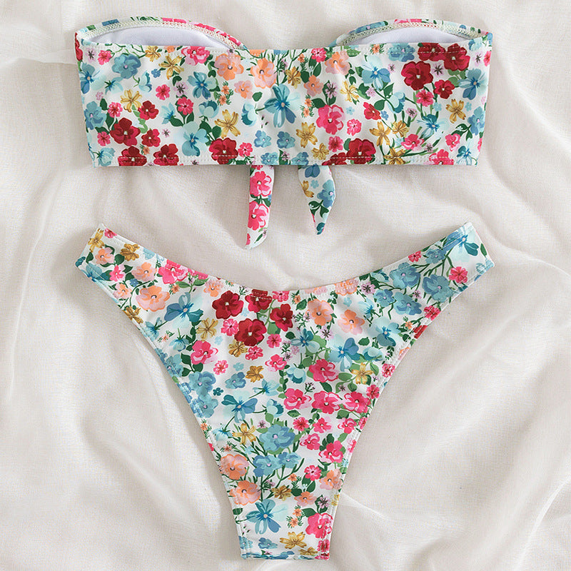 Çiçek Desenli Split Üçgen Spa Bikini