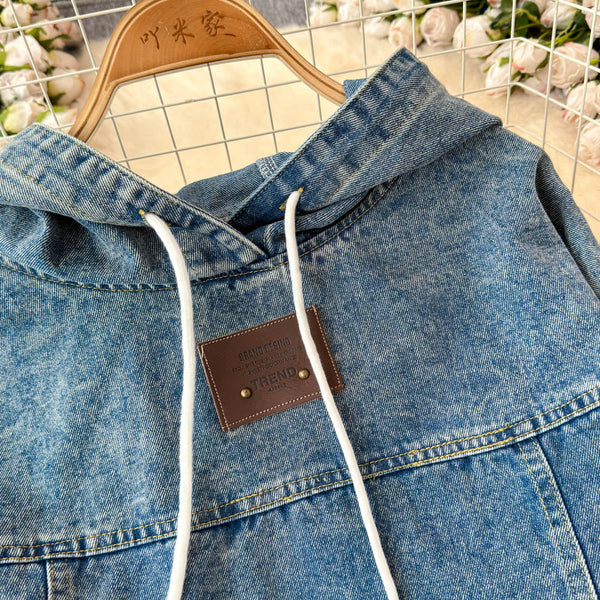 Şık Yıpranmış Denim Kapüşonlu Sweatshirt
