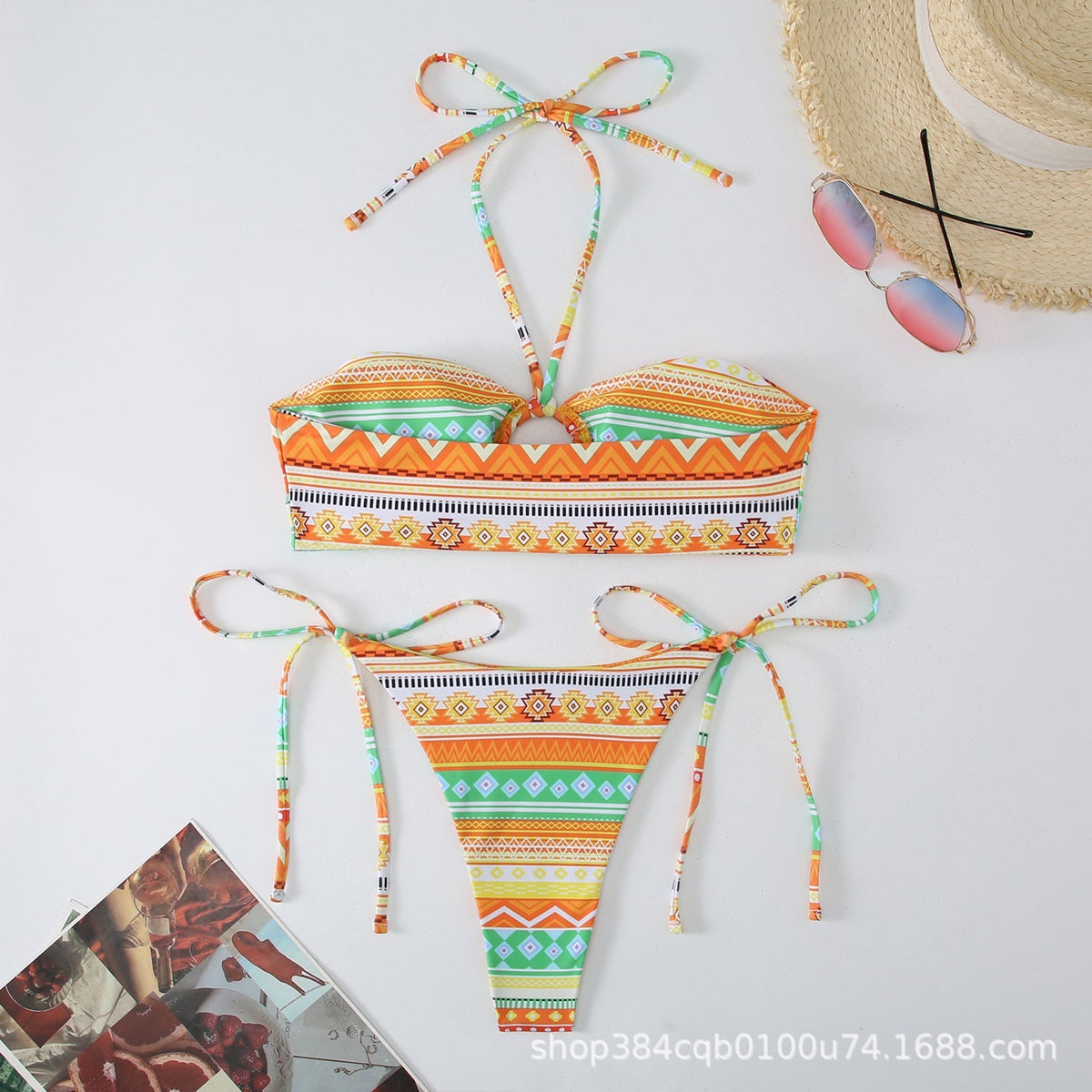 Baskılı Antik Stil Askılı Asılı Boyun Bikini
