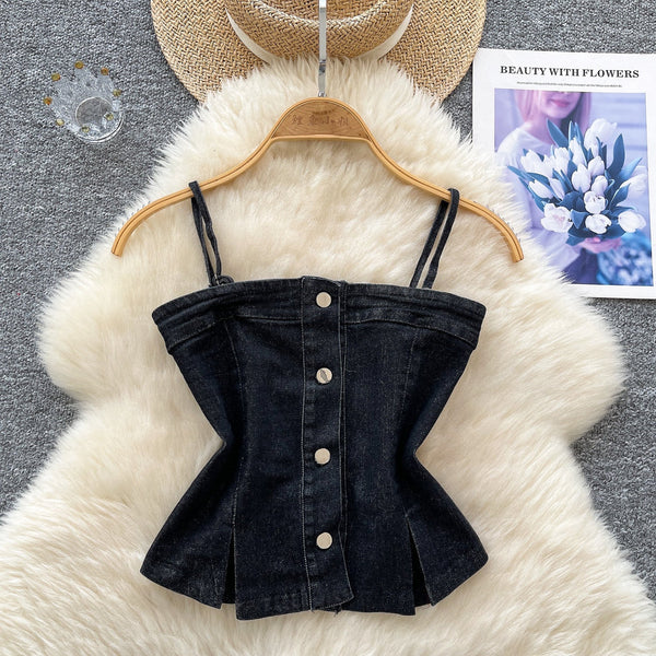 Kore Tarzı Niş Denim Askılı Tişört