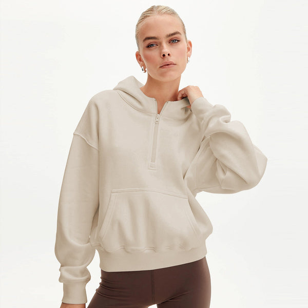 Moda Yarım Fermuarlı Kapüşonlu Sweatshirt