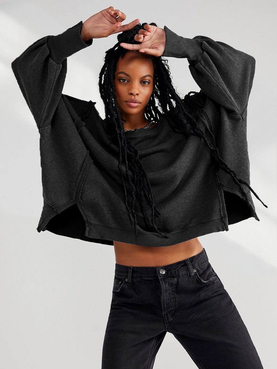 Yuvarlak Yaka Bol Kesim Yıpranmış Sweatshirt