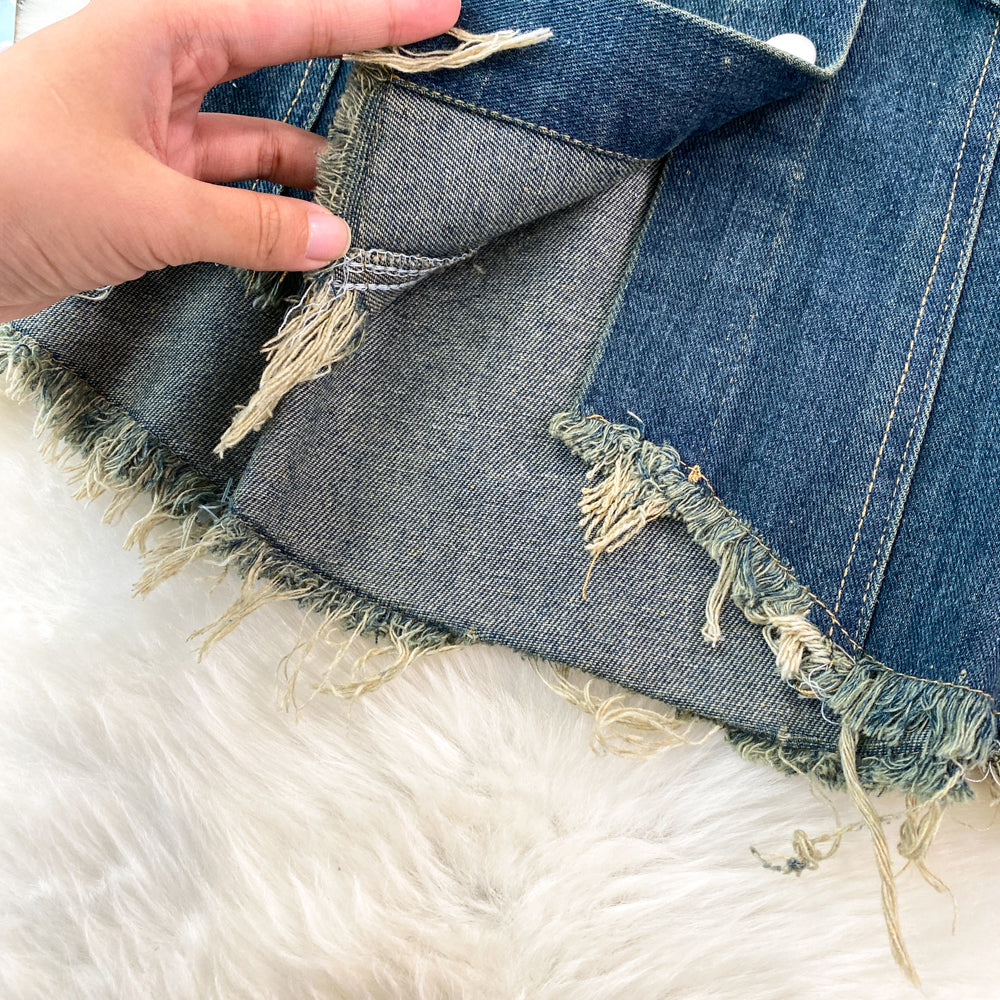 Düzensiz Tasarım Yıpranmış Denim Yelek