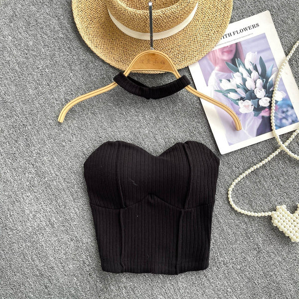 Choker ile Yastıklı Çizgili Örgü Üst