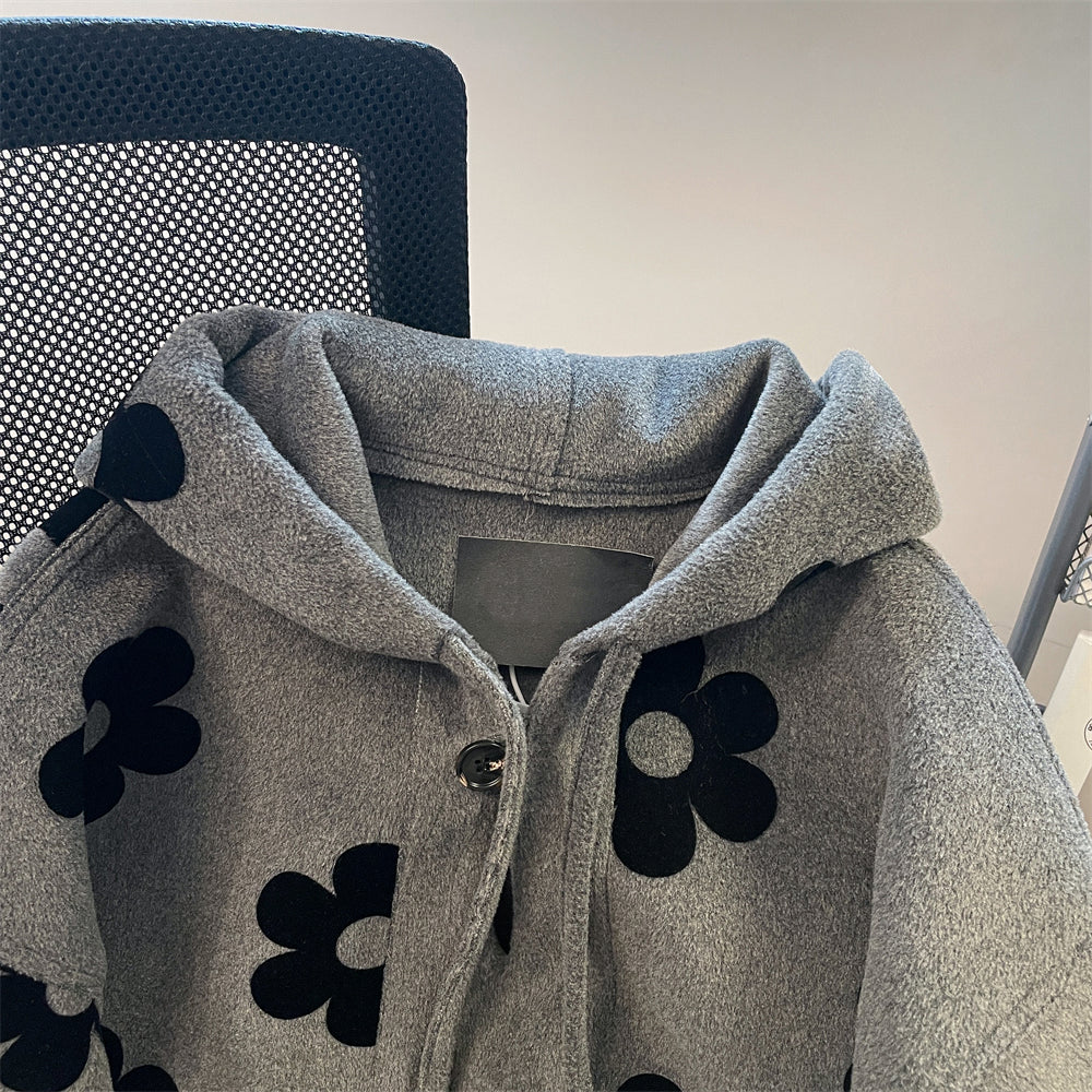 Siyah Çiçekli Gri Lambswool Kapüşonlu Sweatshirt