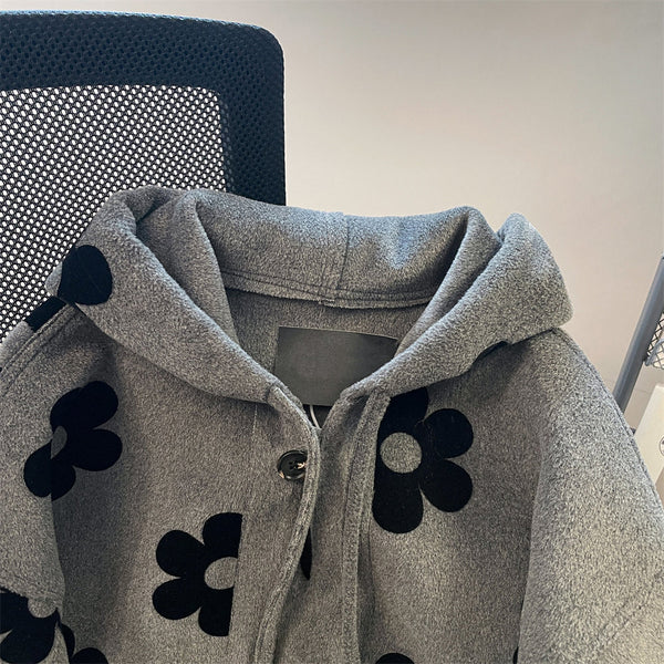 Siyah Çiçekli Gri Lambswool Kapüşonlu Sweatshirt