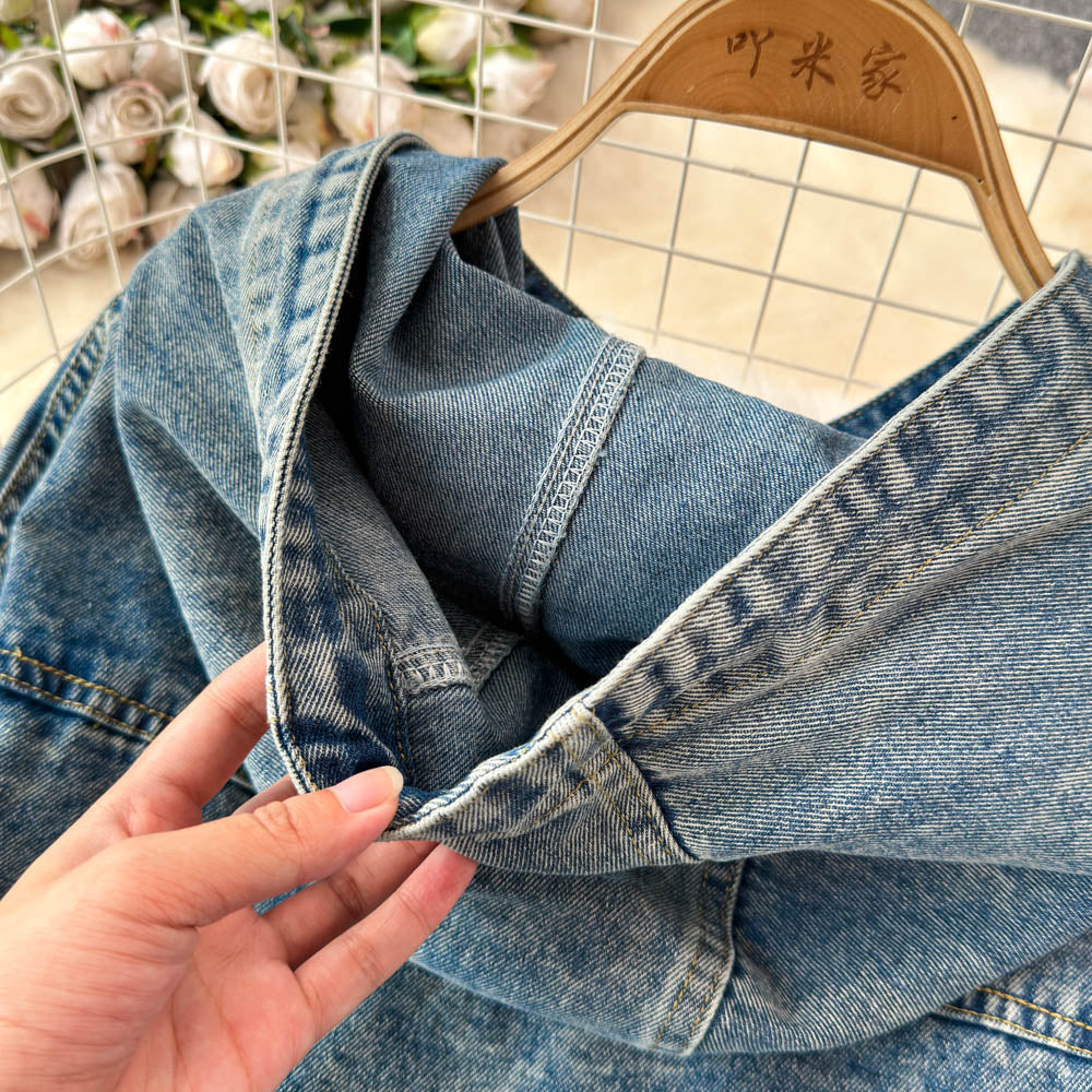 Şık Yıpranmış Denim Kapüşonlu Sweatshirt
