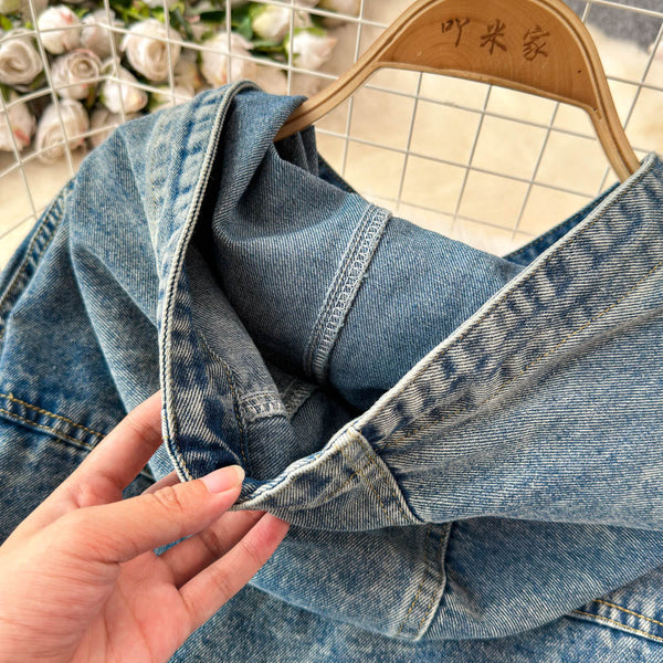 Şık Yıpranmış Denim Kapüşonlu Sweatshirt