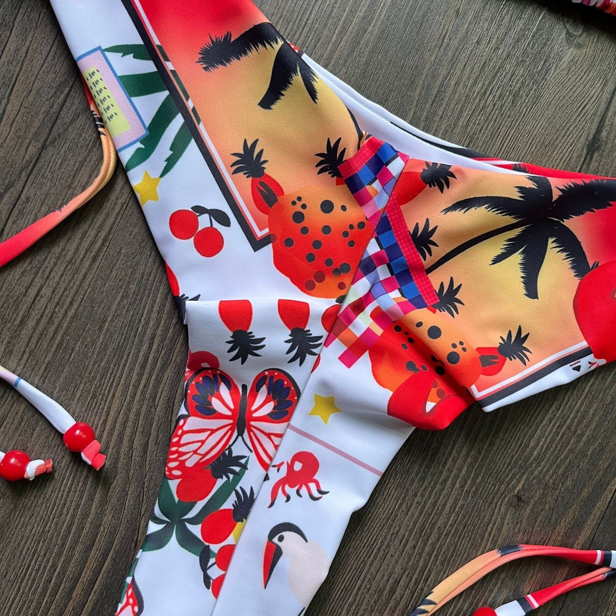 Baskılı Üçgen Bağlama İpli Üç Noktalı Bikini