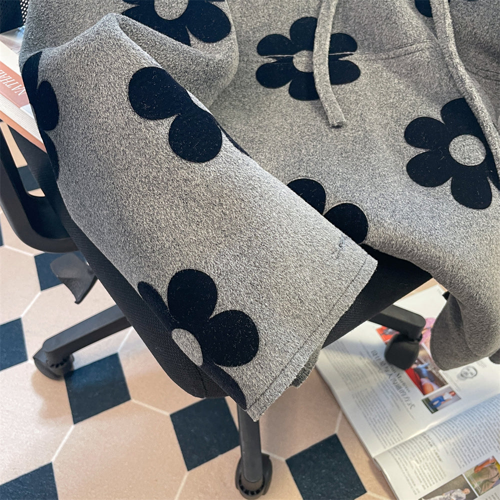 Siyah Çiçekli Gri Lambswool Kapüşonlu Sweatshirt