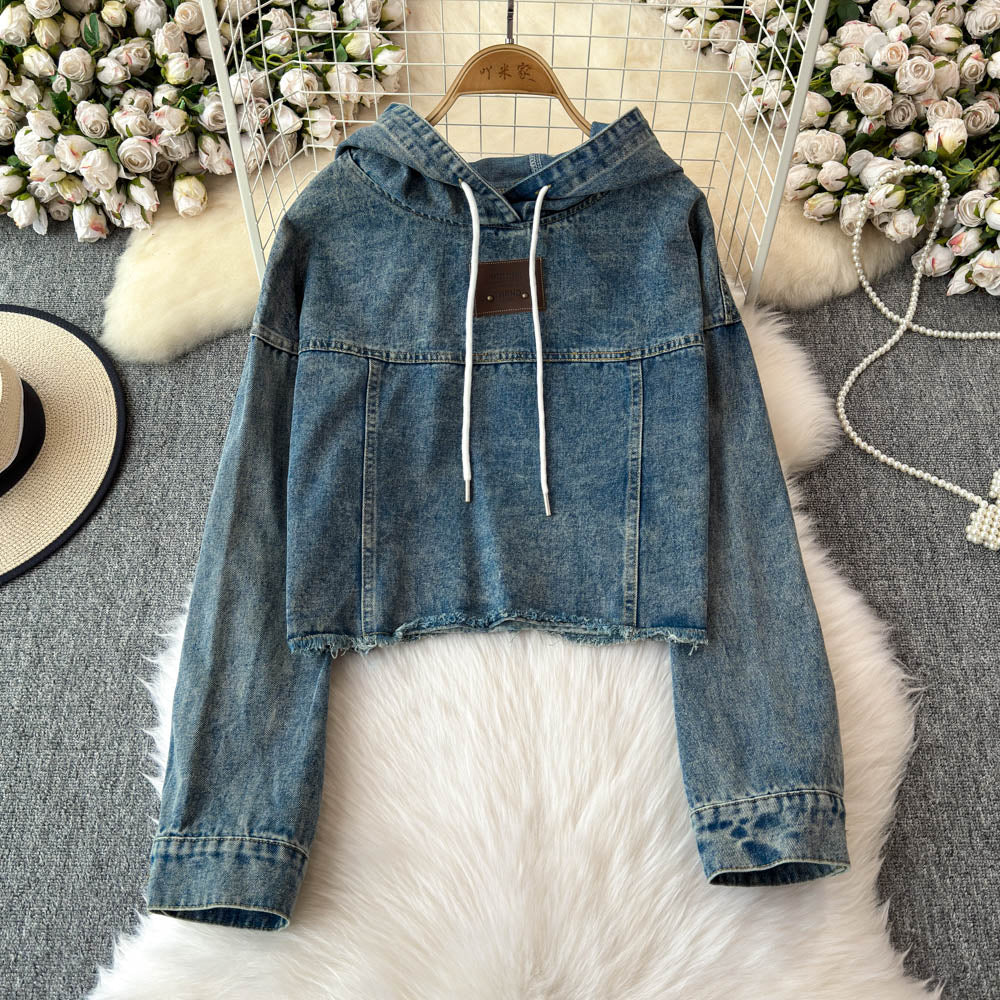 Şık Yıpranmış Denim Kapüşonlu Sweatshirt