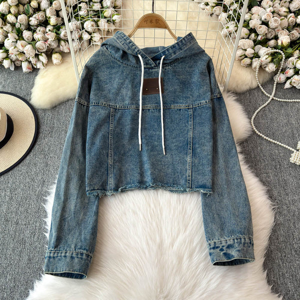 Şık Yıpranmış Denim Kapüşonlu Sweatshirt