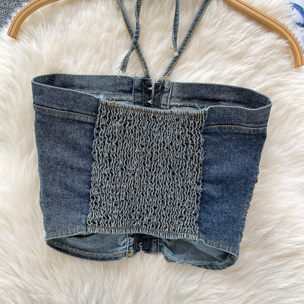 Vintage Denim Plise Askılı Üst