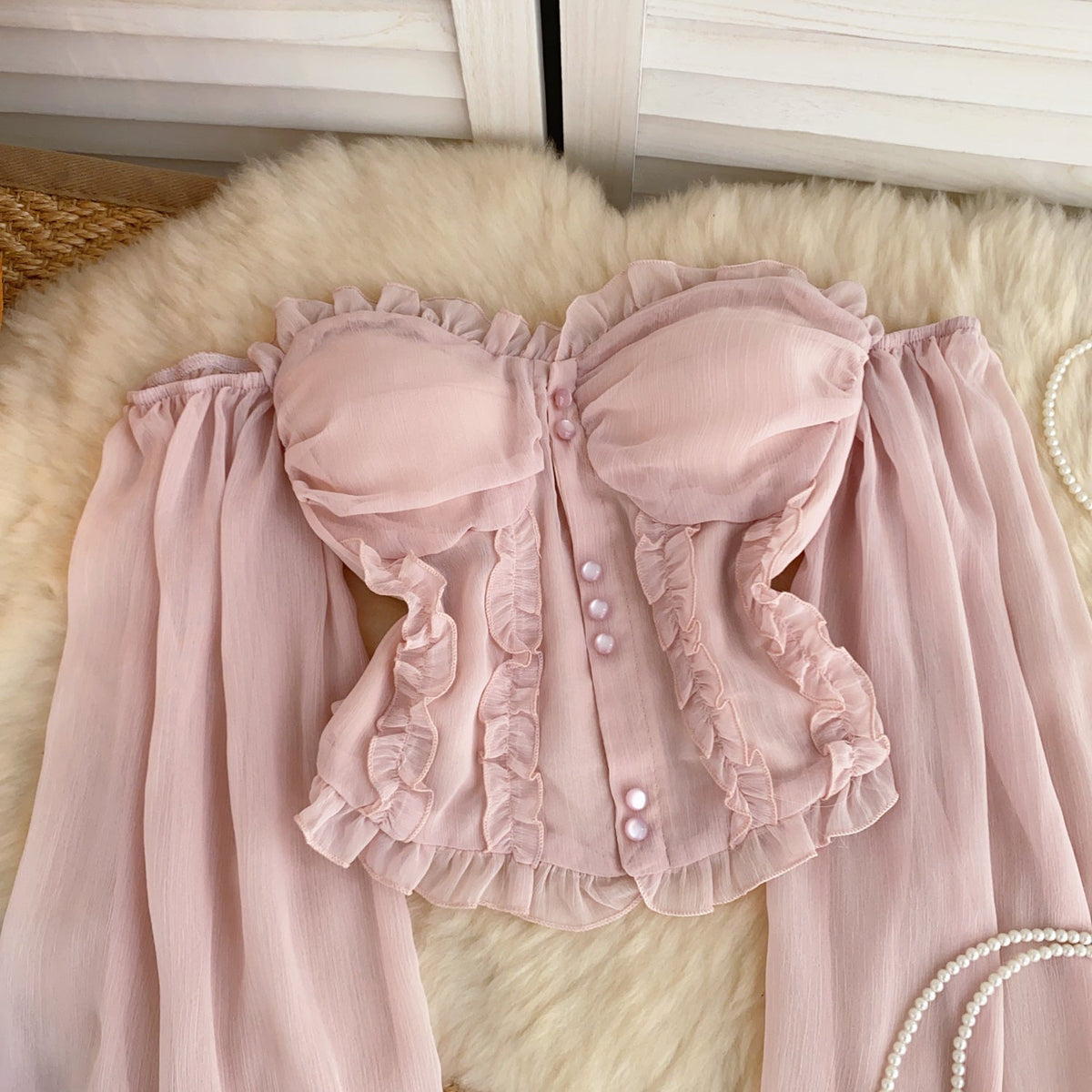 Askısız Volanlı Pembe Şifon Bluz