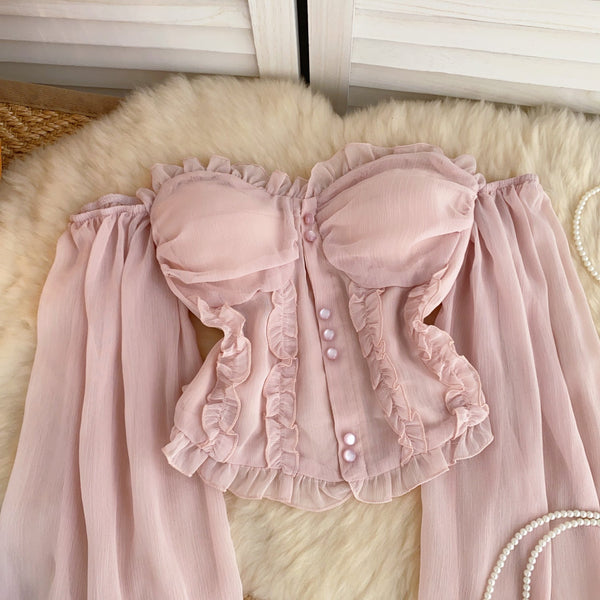 Askısız Volanlı Pembe Şifon Bluz