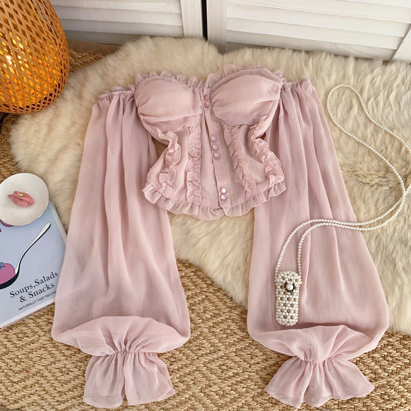 Askısız Volanlı Pembe Şifon Bluz