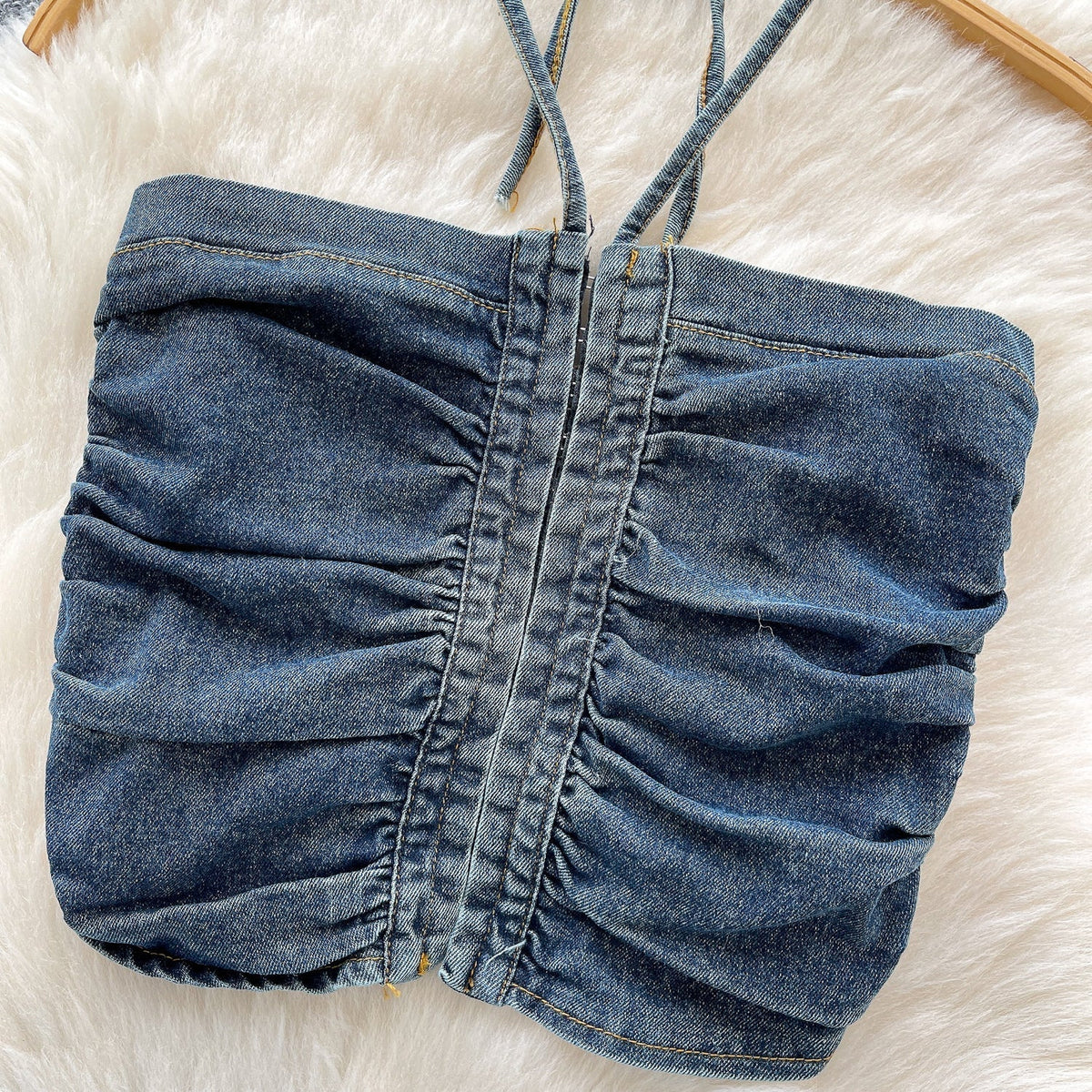 Vintage Denim Plise Askılı Üst