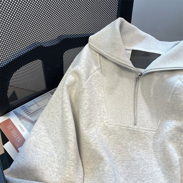 Fermuarlı Polo Yaka Bol Sweatshirt