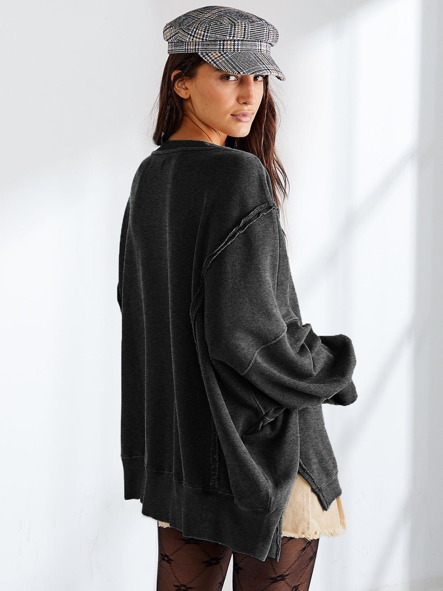 Yuvarlak Yaka Bol Kesim Yıpranmış Sweatshirt